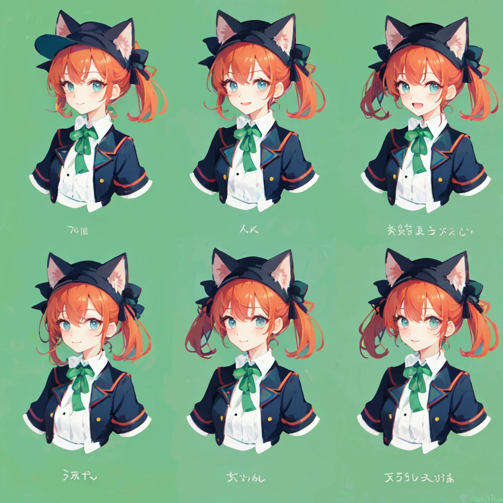 two side up, red hair, grey eyes, coat, standing, looking at viewer, pov, 1girl, smile, hat, ribbon, flat chest, cat ears, cat tail, take a picture of the whole body, Green Background, {{1girl}}, {{{full body}}}, {solo}, {expressions face}, multi angle, reference sheet, {standing}, {{{white background}}}, simple background, {{{{masterpiece}}}}