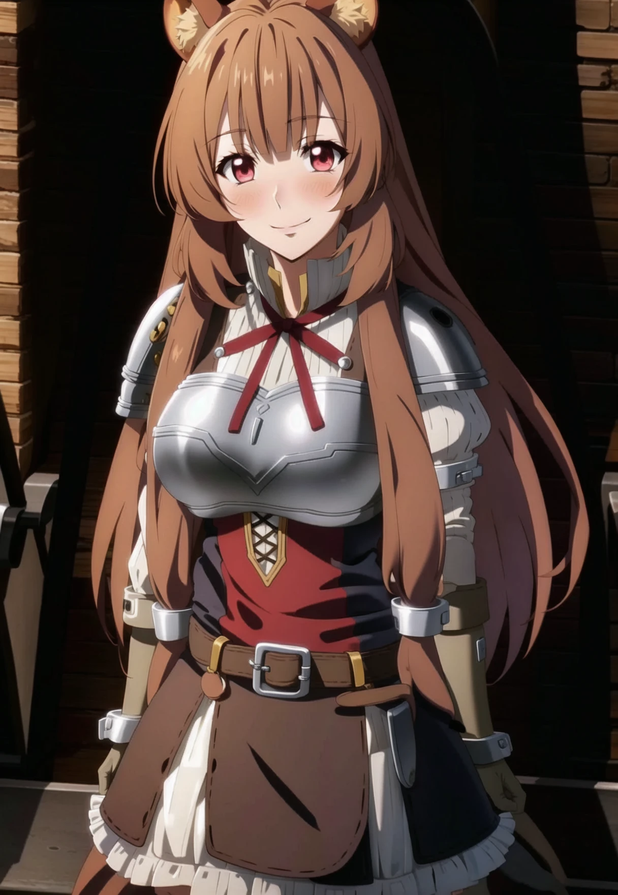 masterpiece, best quality, Raphtalia, 1girl, solo, long hair, breasts, looking at viewer, blush, smile, brown hair, red eyes, thighhighs, long sleeves, dress, holding, animal ears, very long hair, closed mouth, belt, armor, red ribbon, animal ear fluff, neck ribbon, brown gloves, breastplate, raccoon ears, raccoon tail, raccoon girl, <lora:RaphtaliaLora:0.9>,