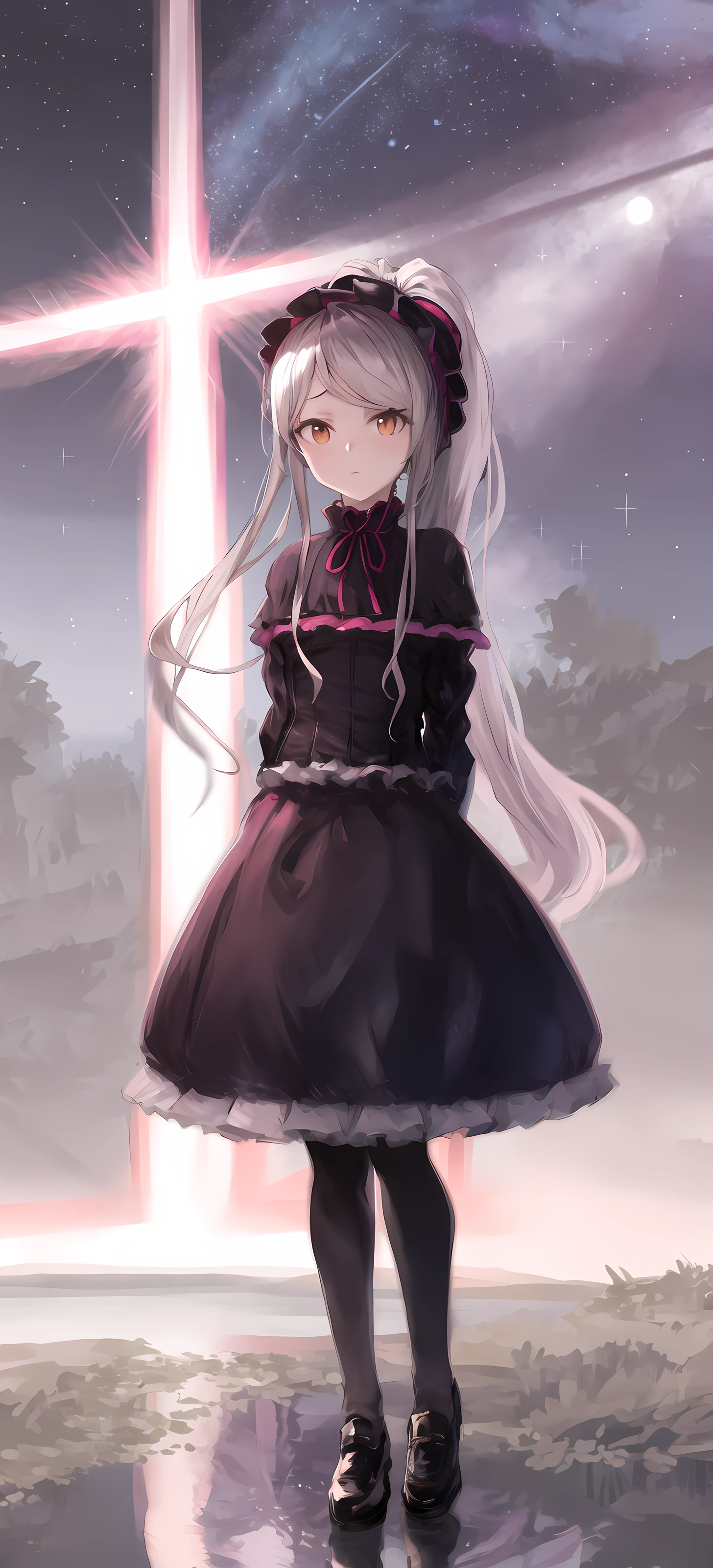 shalltear bloodfallen, shalltearcostume, ponytail, outdoors, (night, starry sky:1.2), masterpiece, arms behind back, best quality, 1girl, full body, closed mouth, lake, reflection, <lora:shalltear:0.9>, outdoors, official wallpaper