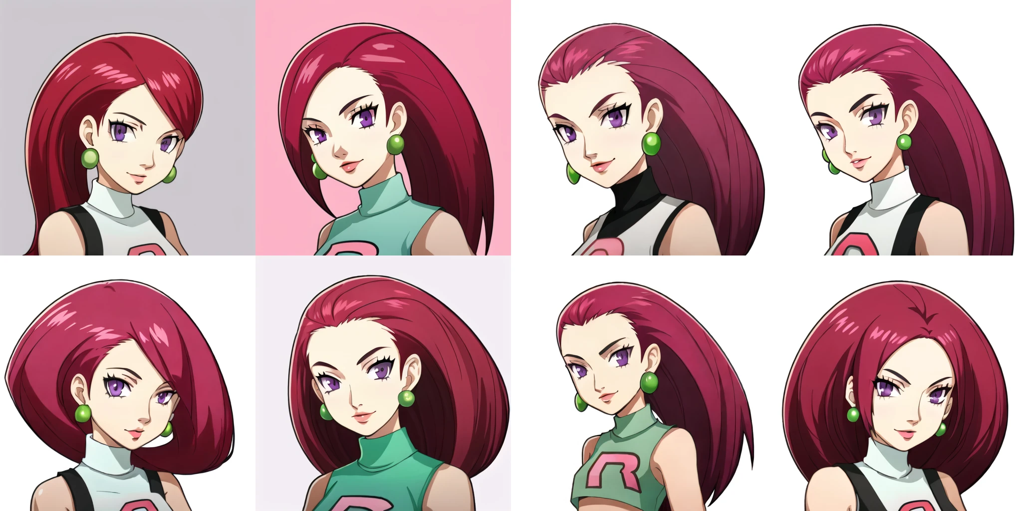portrait, solo, 1girl, (white background, simple background), jessie \(pokemon\), long hair, pink hair, purple eyes, (lipstick:0.5), green earrings, team rocket, white crop top, hair over shoulder, <lora:Jessie:1>, <lora:p5_Portrait_v1.0:0.75>,