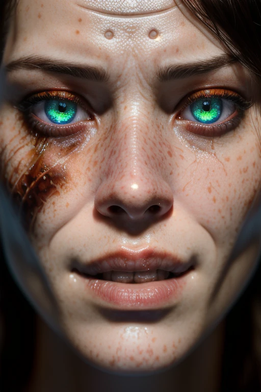 Movie, ((Face close up)), best quality, clear graphics, torch light, (The detail is clear to every hair on the face), 1girl, demonic, evil, nsfw, sexy woman, eye depth, (brother moons), (dead space) ,science fiction, (beautiful glowing red eyes), photo realistic, 20 megapixel, nikon d850, ((vibrant, photo realistic, realistic, dramatic, sharp focus, 8k)), (faded freckles:0.6), subsurface scattering, sharp, retouched, intricate detail, by Greg Rutkowski, by (Jeremy Lipking,:0.8), ((junji ito)), by ralph bakshi,((Silent Hill)), H.R. Giger, Beksinski