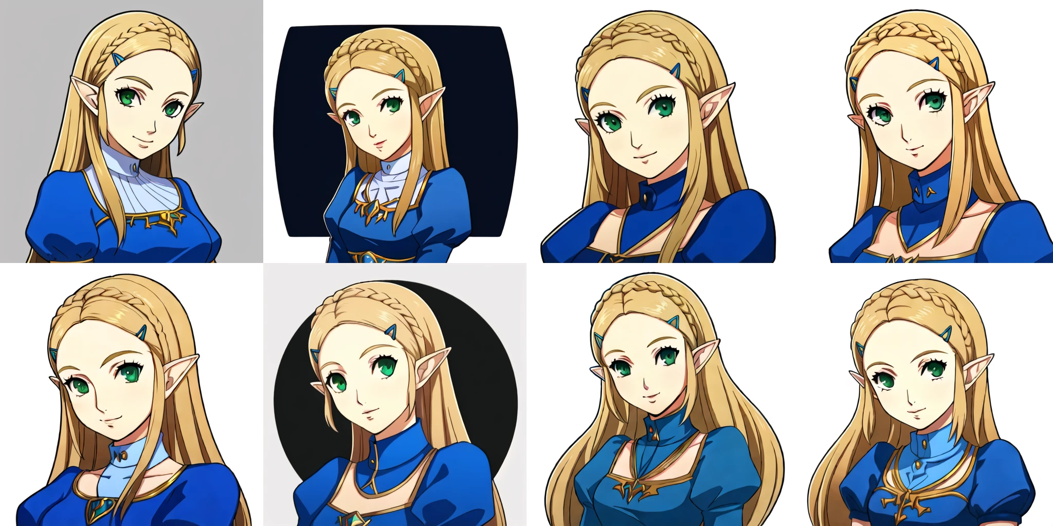 portrait, solo, 1girl, (white background, simple background), princess zelda, blonde hair, blue dress, green eyes, hairclip, pointy ears, long hair, <lora:princessZeldaLora_v1:0.7>, <lora:p5_Portrait_v1.0:0.7>,