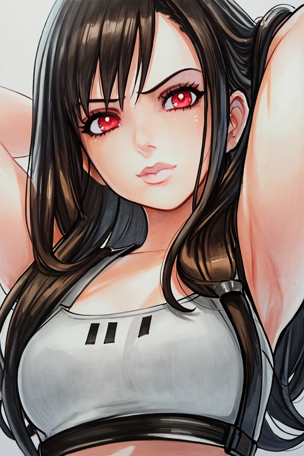 masterpiece, best quality, highly detailed, portrait of tifa lockhart, 1girl, armpits, arms behind head, arms up, asymmetric, view from above , marker \(medium\), traditional media, simple background <lora:OmarDogan_08v2:1>