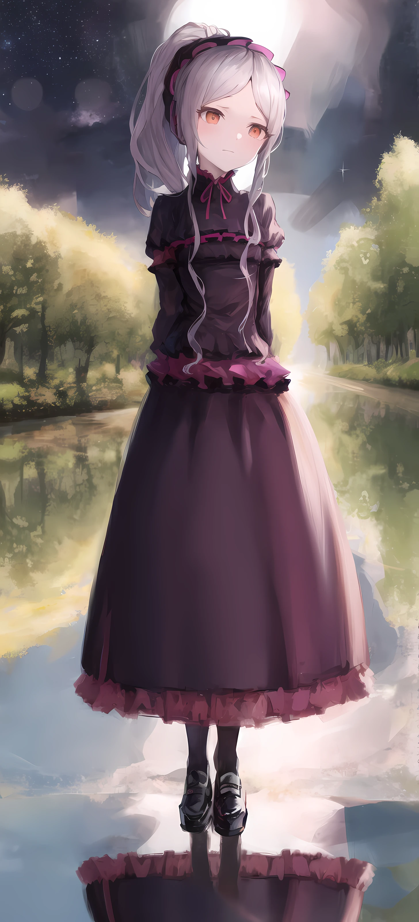 shalltear bloodfallen, shalltearcostume, ponytail, outdoors, (night, starry sky:1.2), masterpiece, arms behind back, best quality, 1girl, full body, closed mouth, lake, reflection, <lora:shalltear:0.9>, outdoors, official wallpaper