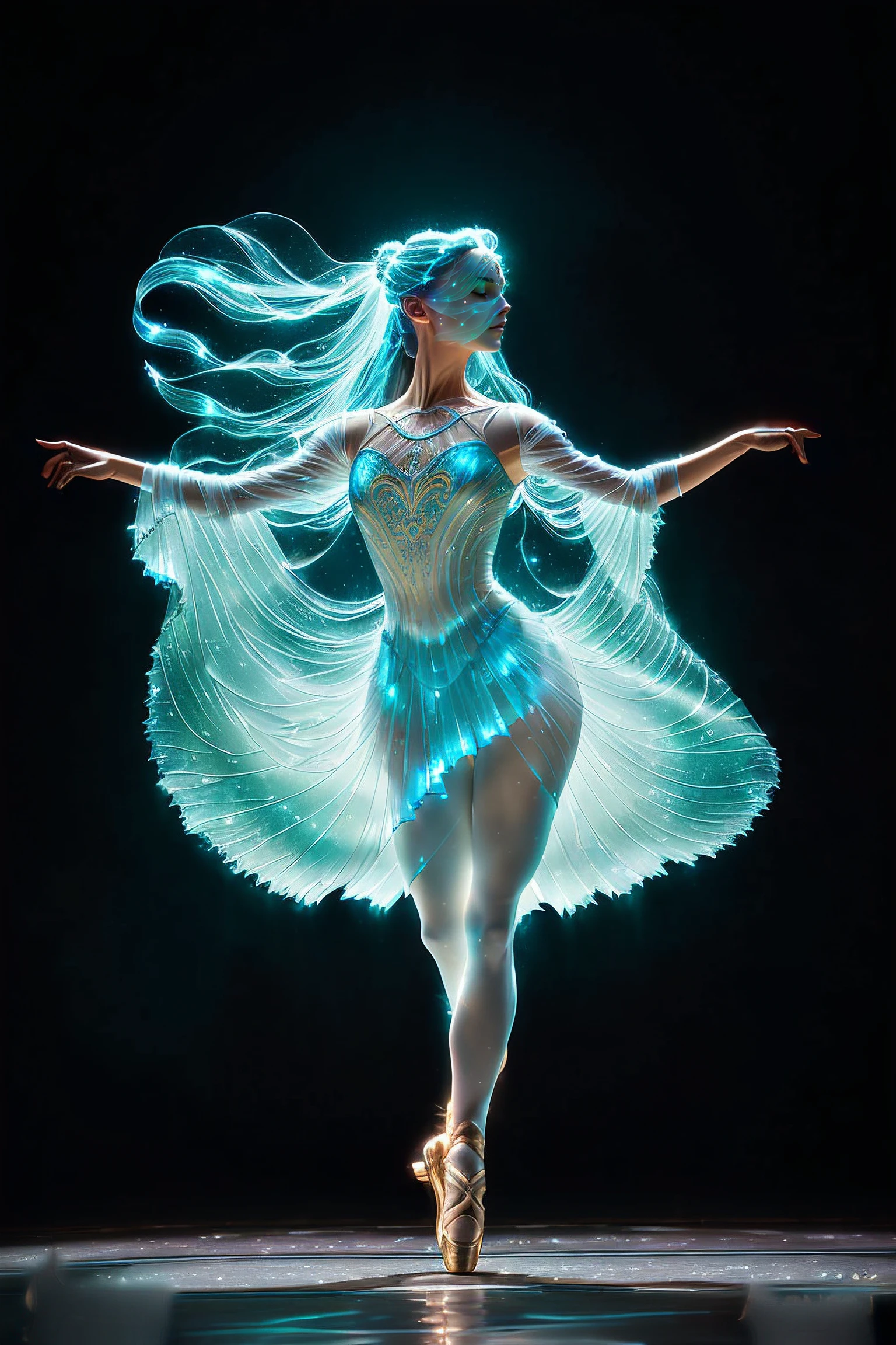 (masterpiece, best quality, high quality, highres, ultra-detailed), 1girl,solo,light_blue_hair,(liquid hair:1.2),liquid shoes, long hair,floating hair, full body, standing,sundress, liquid clothes,water dress, best quality, 8k, detailed skin texture, beautiful detailed face, intricate details, ultra detailed,dancing, skirt_tail,Imagine a mesmerizing dance performance set in an underwater-themed ballroom. Dancers adorned in elegant costumes inspired by bioluminescent jellyfish move gracefully to a rhythmic melody. Describe the enchanting interplay of light and motion as the dancers' outfits emit soft, iridescent glows that mimic the bioluminescence of deep-sea creatures. Explore the synergy between the dancers' movements and the radiant hues of their costumes, creating a visually stunning and ethereal spectacle that captivates the audience