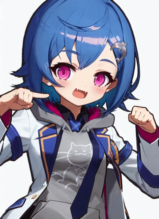 8k, 4k, (highres:1.1), best quality, (masterpiece:1.3),(nsfw:1.2),1girl, skin fang, virtual youtuber, fang, solo, grey hoodie, hoodie, heart, hood, heart hands, blue hair, jacket, smile, bangs, armband, necktie, looking at viewer, short hair, white jacket, upper body, white background, collared shirt, blue necktie, purple eyes, hair ornament, shirt, open mouth, blush, hair behind ear, simple background, blazer, drawstring, hair between eyes