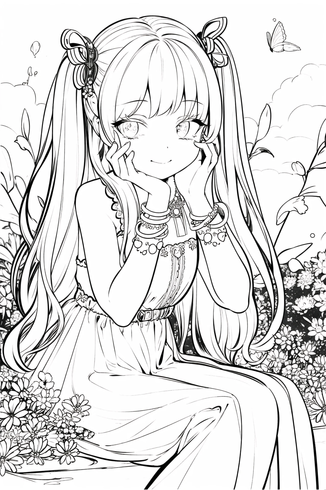 masterpiece, best quality, master, best quality, 1girl, solo, long_hair, looking_at_viewer, smile, dress, ribbon, jewelry, very_long_hair, hair_ribbon, flower, bracelet, two_side_up, hand_on_own_face, head_rest, hand_on_own_cheek, <lora:animeoutline-000008:1>, monochrome, lineart