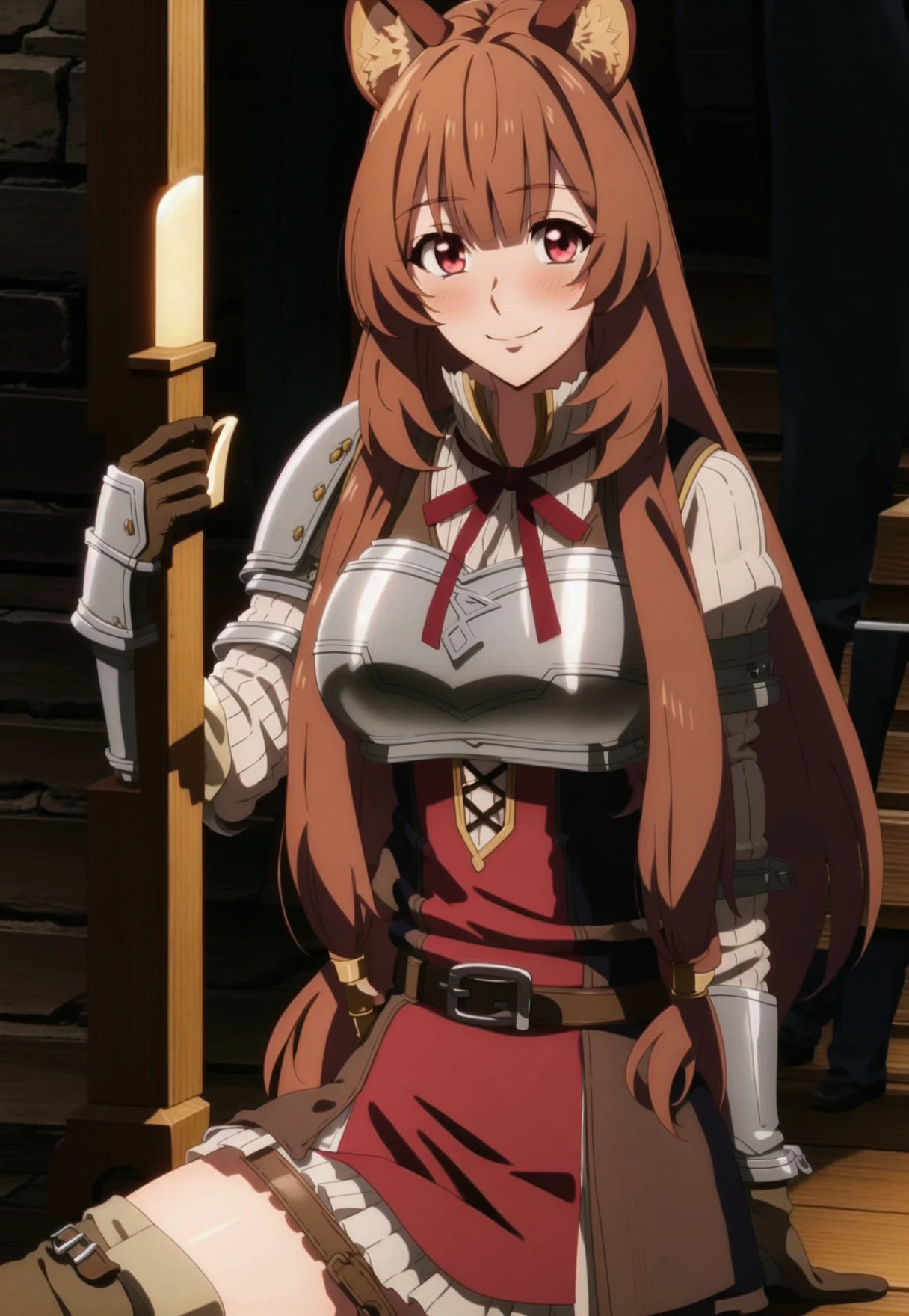 masterpiece, best quality, Raphtalia, 1girl, solo, long hair, breasts, looking at viewer, blush, smile, brown hair, red eyes, thighhighs, long sleeves, dress, holding, animal ears, very long hair, closed mouth, belt, armor, red ribbon, animal ear fluff, neck ribbon, brown gloves, breastplate, raccoon ears, raccoon tail, raccoon girl, <lora:RaphtaliaLora:0.9>,
