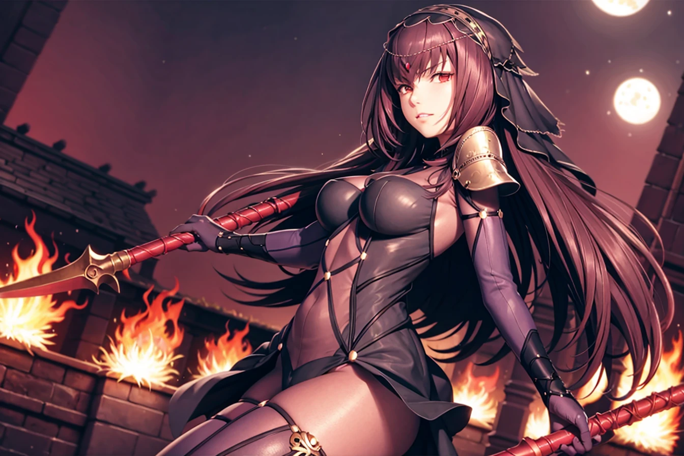 masterpiece, best quality,1girl,scathackl2, weapon, polearm, breasts, spear, gae bolg (fate), fire, holding, pauldrons, looking at viewer, holding weapon,(kbxll:0.6)