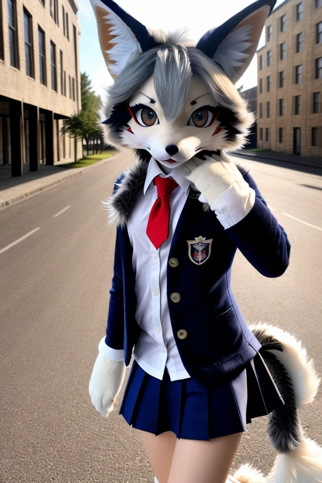 RAW photo, uhd, dslr, high quality, realistic, photo realistic, masterpiece, SFW, modelshoot style,((soft lighting)), (face lighting), lens flare, ((low shadow)), outdoors, city, detailed background, daylight, looking at viewer, from side, upper body, (((furry))), fur, fursuit, 1girl, solo, red eyes, fox ears, slim, small breasts, (((skinny))), thin, fur gloves, fur collar, white fur, wheat fur, silver fur, (((school uniform))), walking,