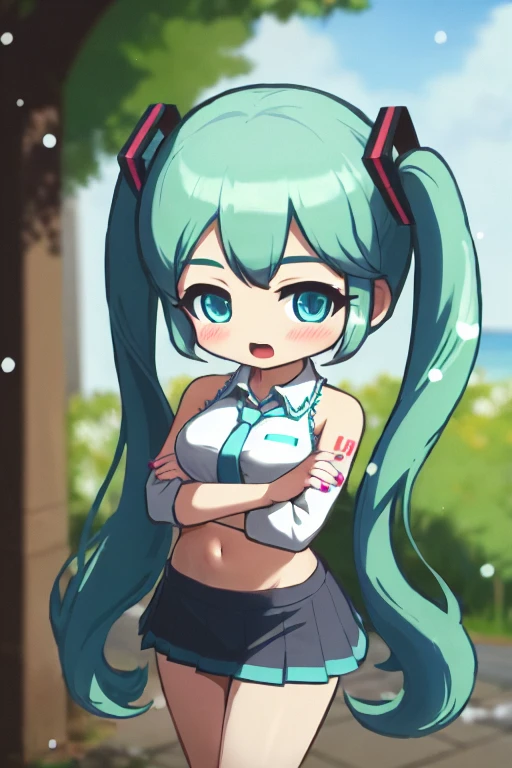 8k, 4k, (highres:1.1), best quality, (masterpiece:1.3),1girl, solo, navel, skirt, twintails, long hair, hatsune miku, necktie, midriff, pleated skirt, looking at viewer, shirt, crossed arms, breasts, cowboy shot, detached sleeves, open mouth, crop top, white shirt, blush, miniskirt, stomach, bare shoulders, collared shirt, aqua hair, breath, aqua necktie, sleeveless, nail polish, aqua eyes, medium breasts, sleeveless shirt, cold, outdoors, bangs, groin, tree, long sleeves, snow, hair ornament, standing, aqua nails, blurry, blue eyes, blue necktie, collarbone,chibi
