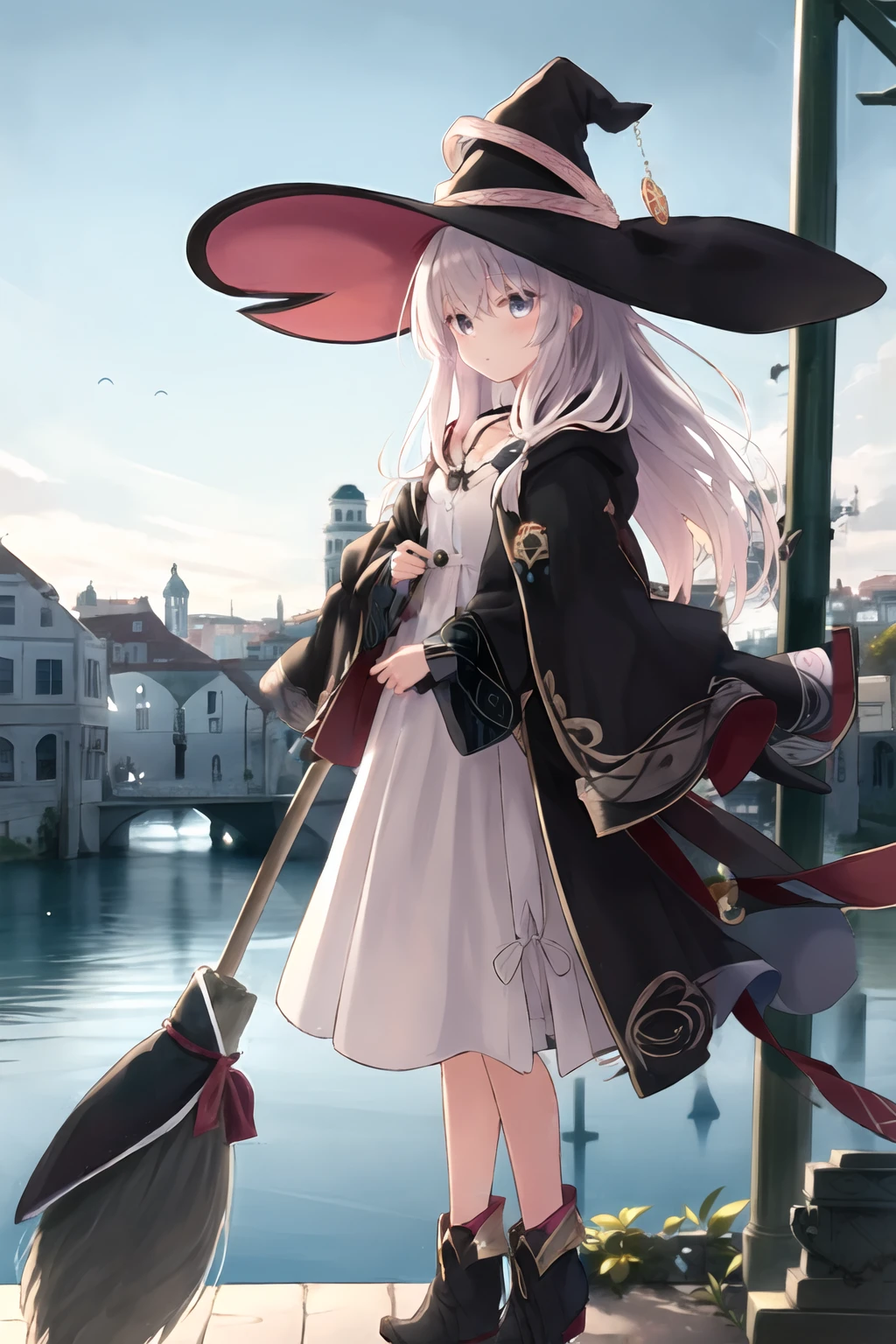 masterpiece,1girl,solo,crimson_style_costume, majo_costume, witch_hat,brooch, boots,broom,holding_broom,standing,side<lora:elaina_v3:0.83>