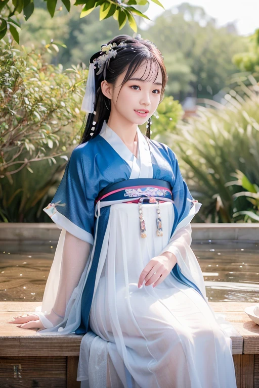 (8k, best quality, masterpiece:1.2), (realistic, photo-realistic:2),1girl, cute, sitting, dating,(smile:1.15), (closed mouth) small breasts, beautiful detailed eyes,, wet, rain, <lora:hanfu2.0:0.9>, (Hanfu, tang, Tang clothing: 1.4),full body
