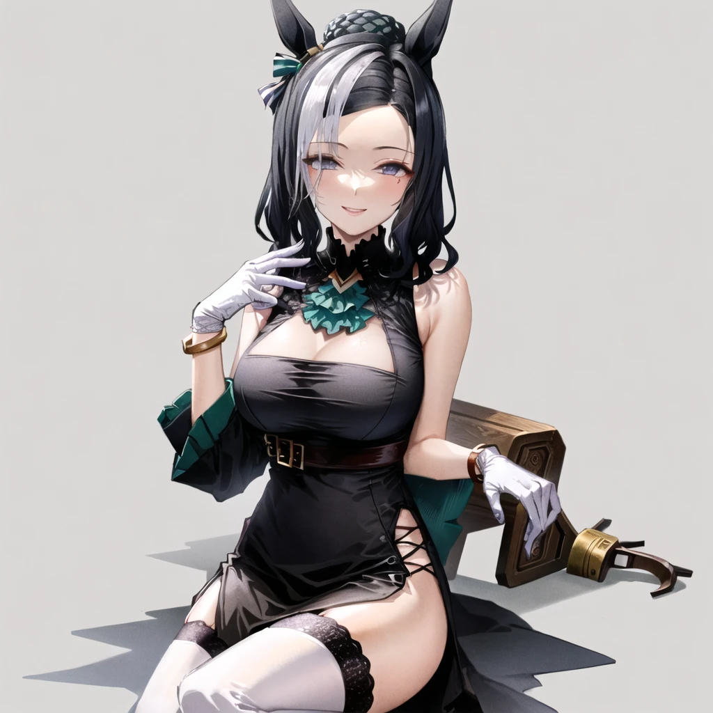 SFW, (masterpiece:1.2),(highres:1.2),(highly_detailed:1.2),(1girl:1.5),mejiro_ramonu,(mature:1.5),horse_ear,horse_tail, smile,solobracelet,braid,black_skirt, jacket,two tune hair, (white_shirt), looking_at_viewer, sitting, (single_black_lace_trimed_thighhighs:1.2),green_and_white_long_sleeves rolled_up, cleavage,black_high-heeled_shoes,long_legs, cleavage, jewelry, single_white_lace_trimed_gloves, (asymmetrical clothing:1.5)