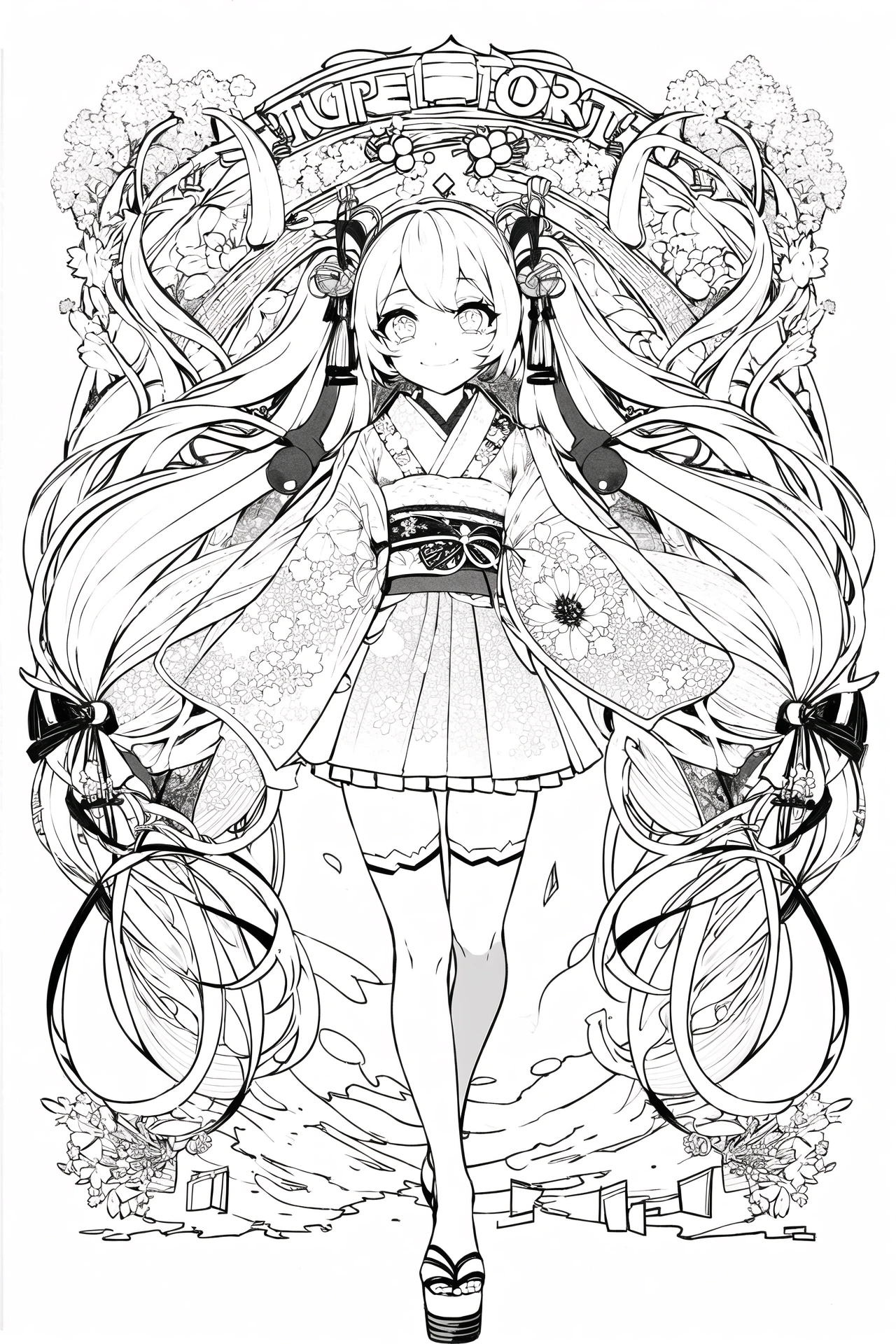1girl, long_hair, looking_at_viewer, smile, skirt, hair_ornament, thighhighs, ribbon, holding, twintails, very_long_hair, standing, full_body, pleated_skirt, japanese_clothes, wide_sleeves, kimono, bell, instrument, jingle_bell, rabbit, torii, holding_instrument, beamed_eighth_notes, monochrome, lineart, <lora:animeoutline-000008:1>