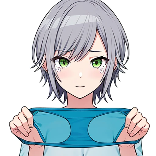 <lora:shiho:0.8:MIDD>,shiho,short hair, grey hair, ,green eyes,
1girl, (ayatori:1.2), holding ,pov,blue panties, cry,sad ,upper body, simple background, white background, <lora:AYA-000008:1:IND2>