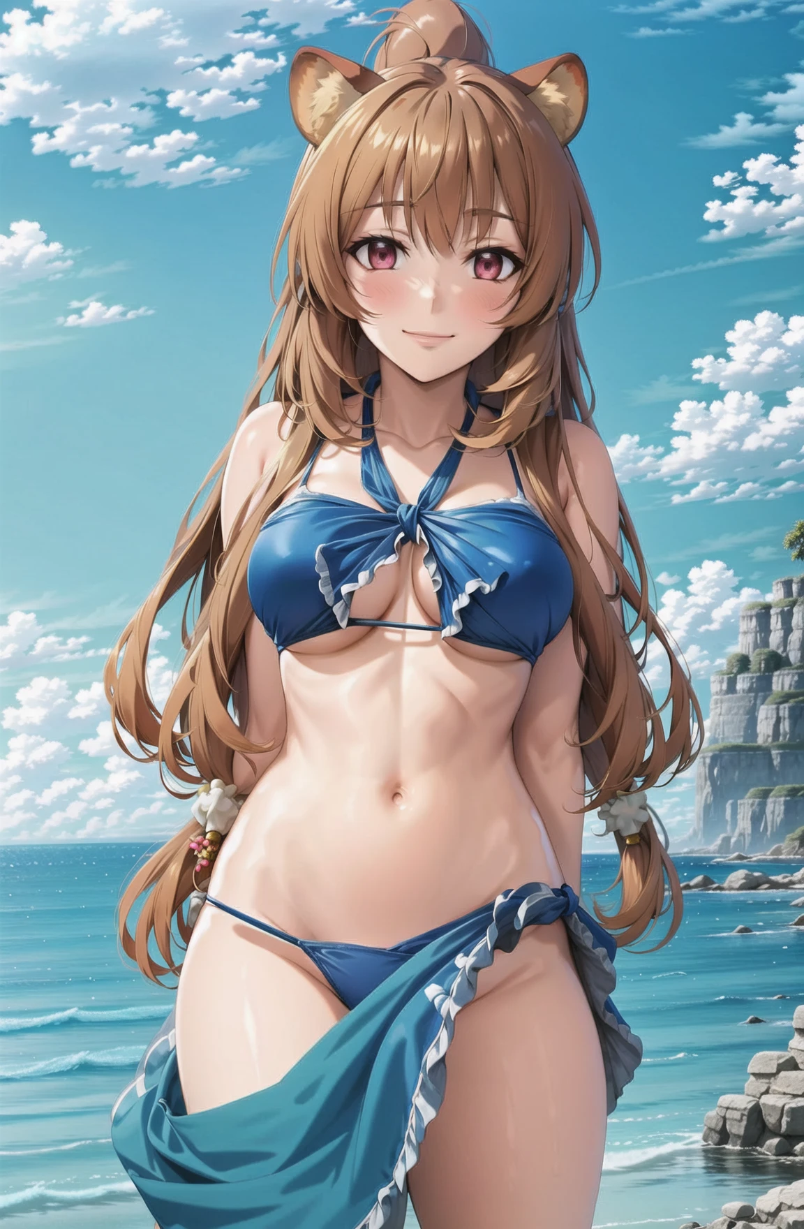 masterpiece, best quality, Raphtalia, 1girl, solo, long hair, looking at viewer, blush, smile, bangs, brown hair, hair ornament, navel, animal ears, medium breasts, very long hair, closed mouth, standing, collarbone, swimsuit, ponytail, cowboy shot, outdoors, day, cloud, hair flower, blue sky, ocean, beach, arms behind back, blue bikini, sarong, raccoon ears, raccoon tail, raccoon girl, <lora:RaphtaliaLora:0.8>,
