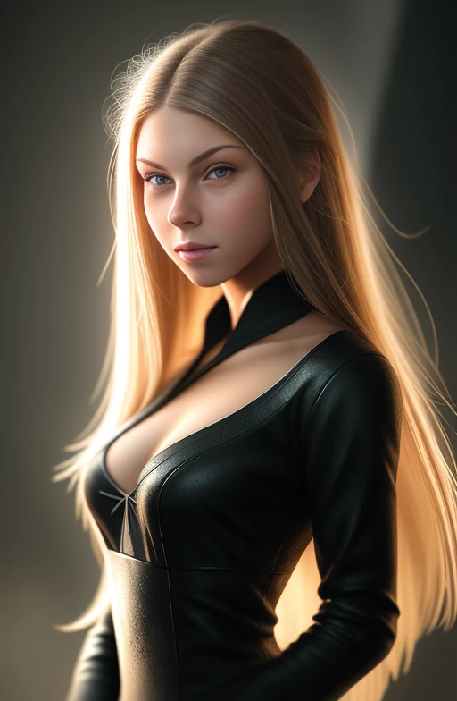 Best quality, masterpiece, ultra high res, (photorealistic:1.4), raw photo, 1girl, blonde hair, blue eyes,  detailed eyes and face, black suit, dynamic lighting, in the dark, deep shadow, low key, cowboy shot full-lenght body, gorgeous, royal, (((Katrina kaif:1.2))),