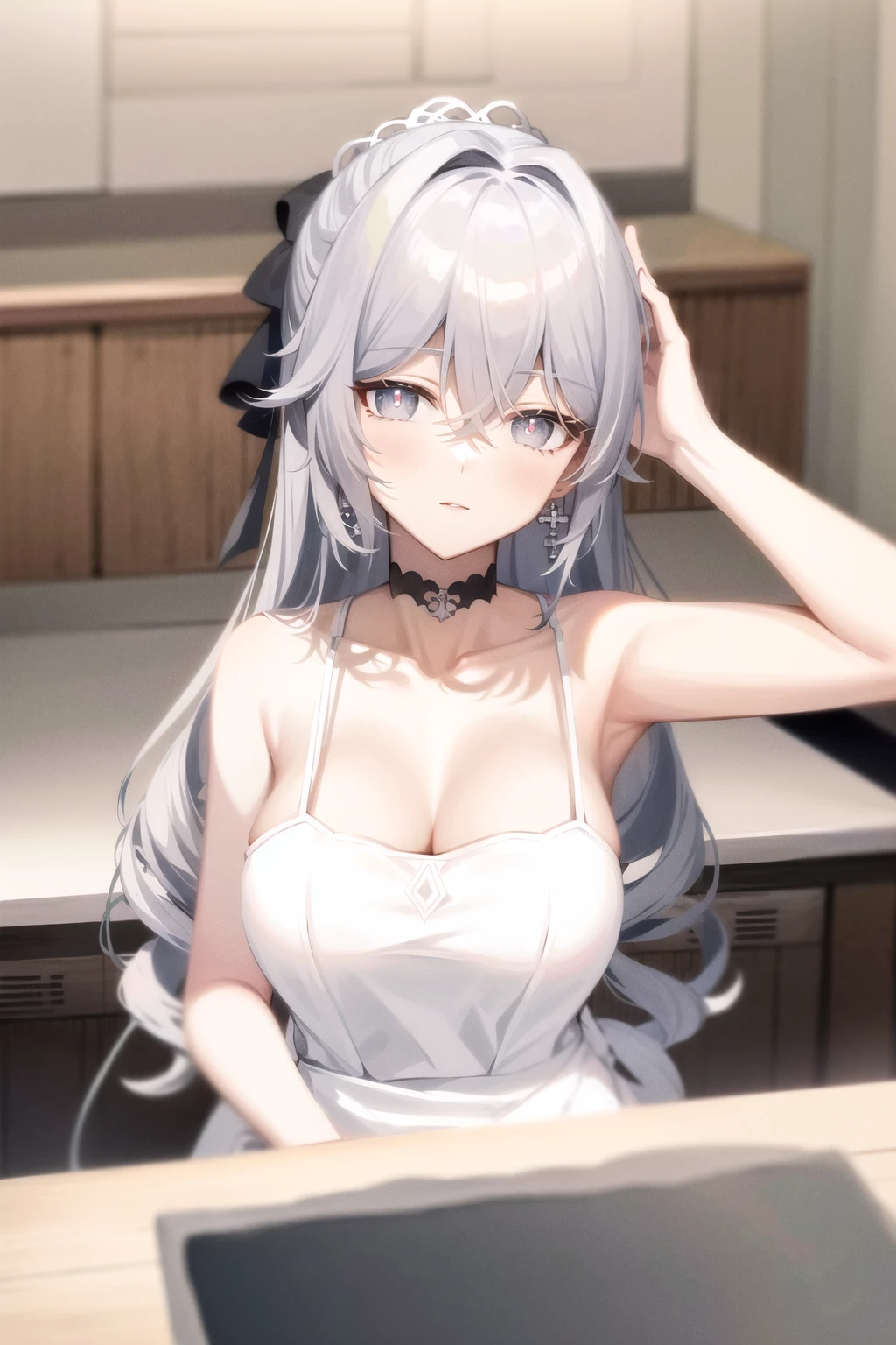 naked apron(Realistic painting style:0.9), masterpiece, best quality,  absurdres, looking at viewer, solo, bronya zaychik, red pupils, breasts, long hair, grey hair, bangs, grey eyes, earrings, drill hair, hair between eyes, medium breasts, hair ornament, kitchen