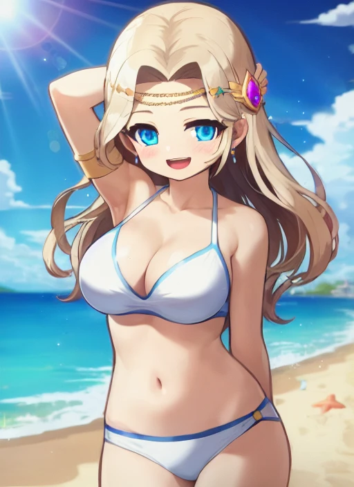8k, 4k, (highres:1.1), best quality, (masterpiece:1.3),(nsfw),masterpiece, best quality, 1girl, breasts, solo, (white + blonde hair), navel, long hair, white bikini, large breasts, cleavage, (be overjoyed:1.3), arm up, armpits, arm behind back, skyblue eyes, jewelry, looking at viewer, earrings, blush, midriff, collarbone, stomach, bare shoulders, cowboy shot, shadow, bangs, navel, open mouth, circlet, day, beach, sun, cloud, bracer