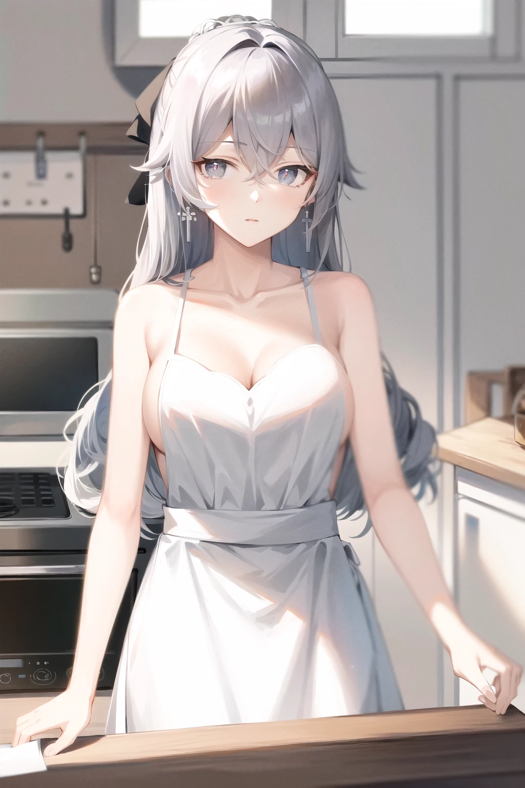 naked apron(Realistic painting style:0.9), masterpiece, best quality,  absurdres, looking at viewer, solo, bronya zaychik, red pupils, breasts, long hair, grey hair, bangs, grey eyes, earrings, drill hair, hair between eyes, medium breasts, hair ornament, kitchen