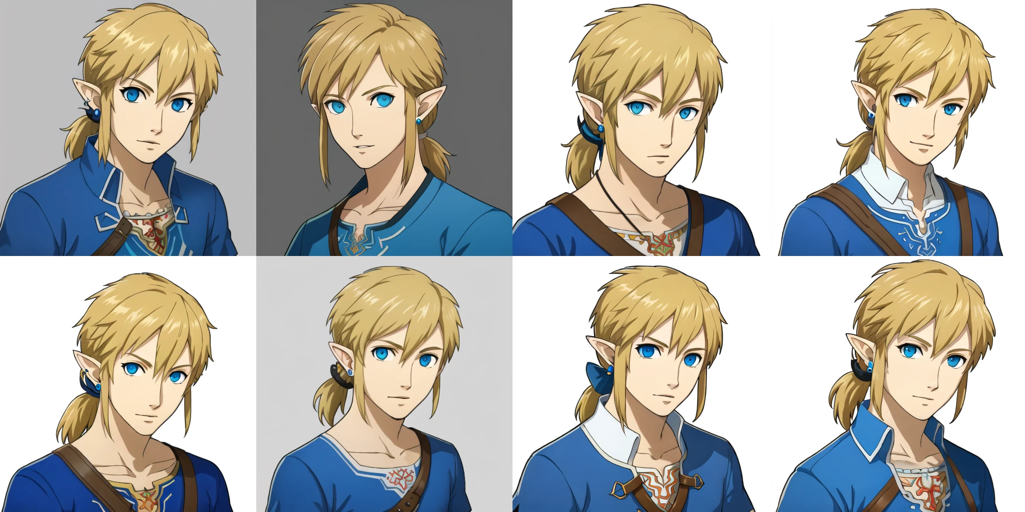 portrait, solo, 1boy, (white background, simple background), link, blonde hair, blue eyes, blue tunic, blue earrings, pointy ears, belt, (short low ponytail), <lora:BOTW_Link:1>, <lora:p5_Portrait_v1.0:0.6>,