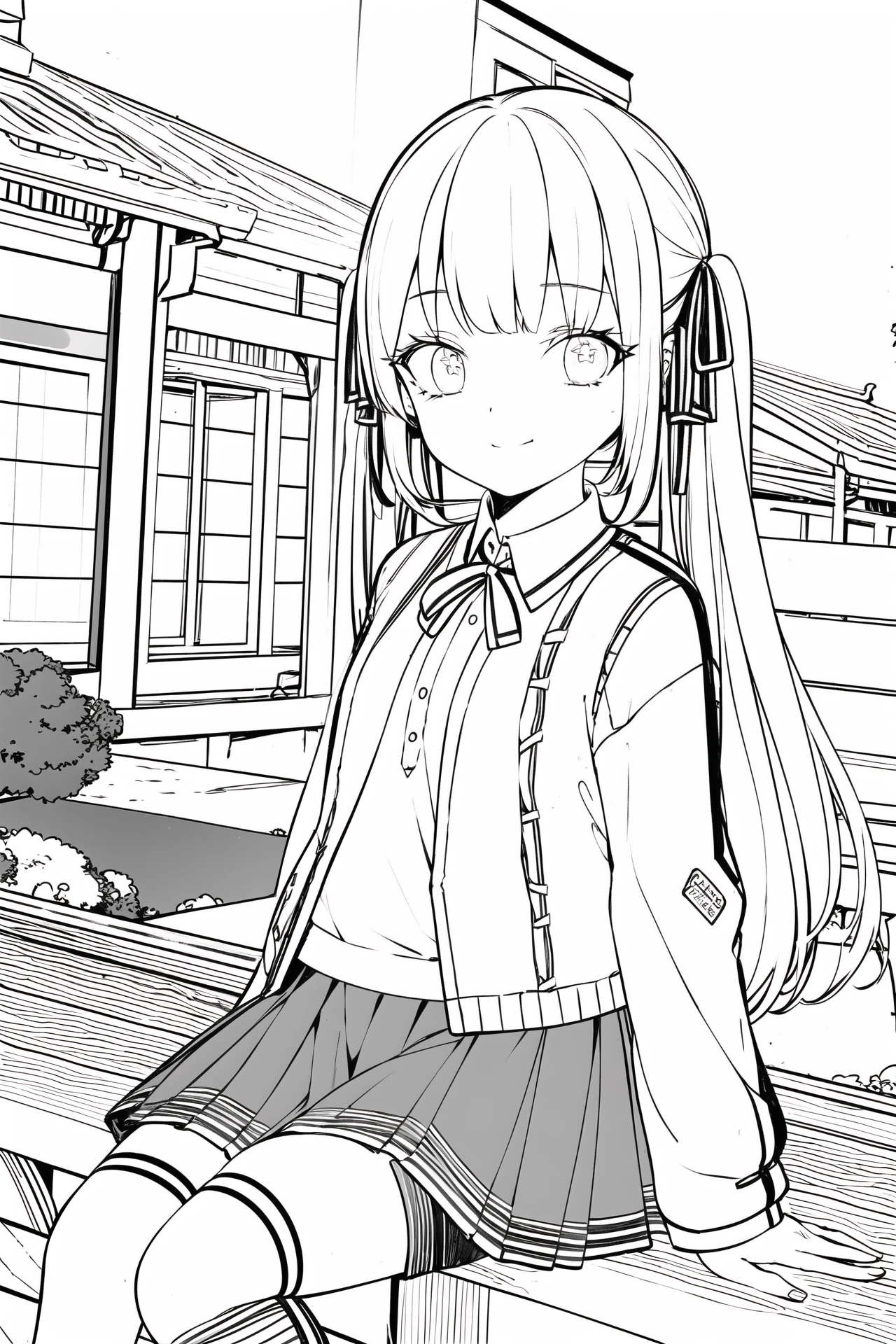 masterpiece, best quality, 1girl, solo, long_hair, looking_at_viewer, smile, bangs, skirt, shirt, black_hair, black_thighhighs, long_sleeves, ribbon, twintails, sitting, closed_mouth, purple_eyes, jacket, hair_ribbon, pleated_skirt, outdoors, miniskirt, blunt_bangs, zettai_ryouiki, black_shirt, night, white_ribbon, hair_over_shoulder, retro_artstyle, orange_skirt, orange_jacket, , <lora:animeoutline-000008:1>, monochrome, lineart