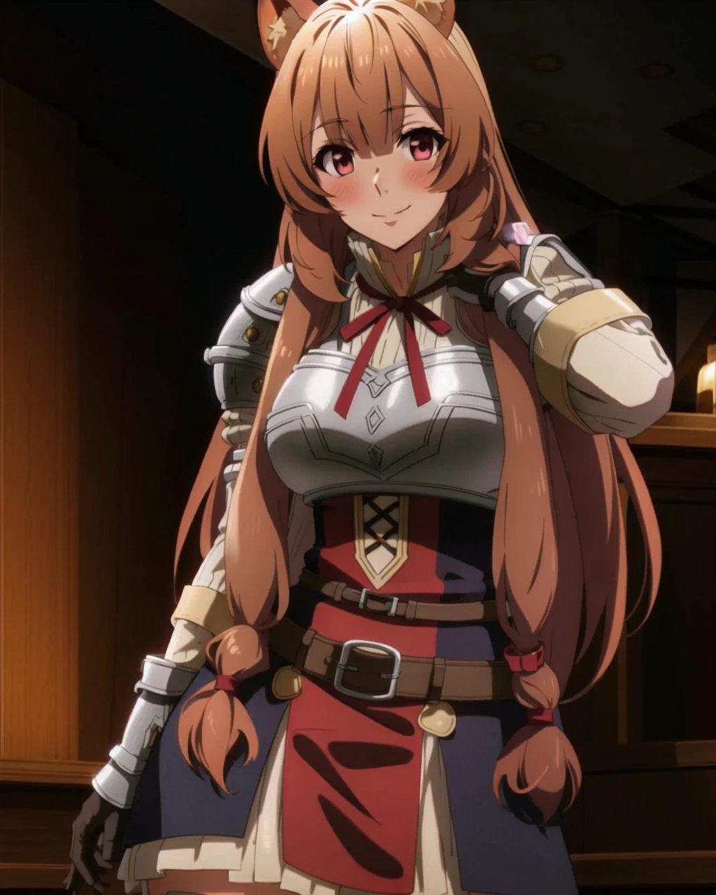 masterpiece, best quality, Raphtalia, 1girl, solo, long hair, breasts, looking at viewer, blush, smile, brown hair, red eyes, thighhighs, long sleeves, dress, holding, animal ears, very long hair, closed mouth, belt, armor, red ribbon, animal ear fluff, neck ribbon, brown gloves, breastplate, raccoon ears, raccoon tail, raccoon girl, <lora:RaphtaliaLora:0.9>,