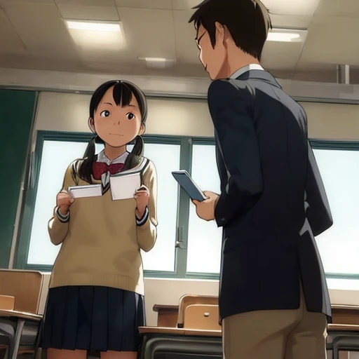 <lora:takamichi-style:1.0>,takamichi style,1girl,school uniform,standing ,holding book,talking to the teacher,teacher and student,