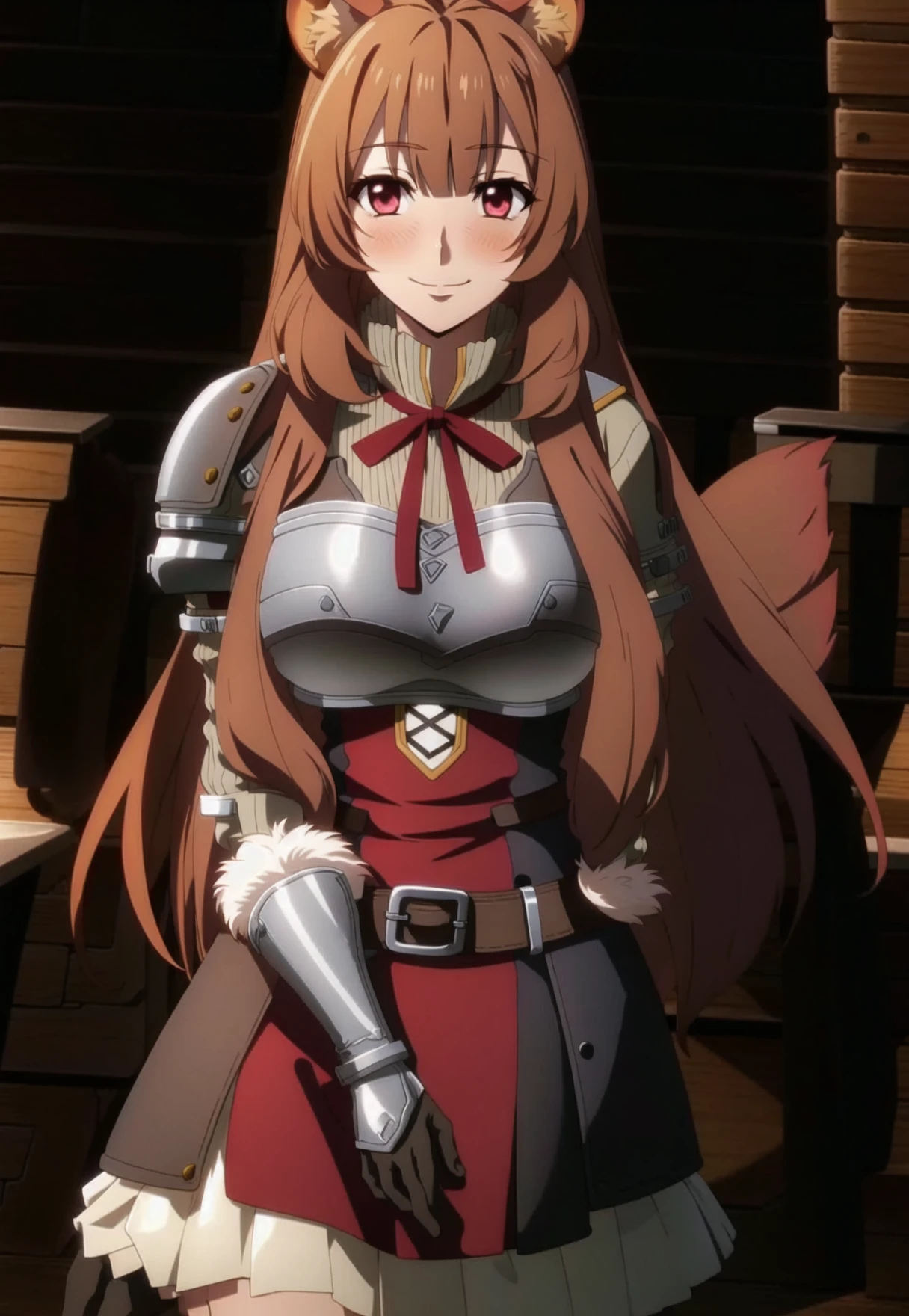 masterpiece, best quality, Raphtalia, 1girl, solo, long hair, breasts, looking at viewer, blush, smile, brown hair, red eyes, thighhighs, long sleeves, dress, holding, animal ears, very long hair, closed mouth, belt, armor, red ribbon, animal ear fluff, neck ribbon, brown gloves, breastplate, raccoon ears, raccoon tail, raccoon girl, <lora:RaphtaliaLora:0.9>,