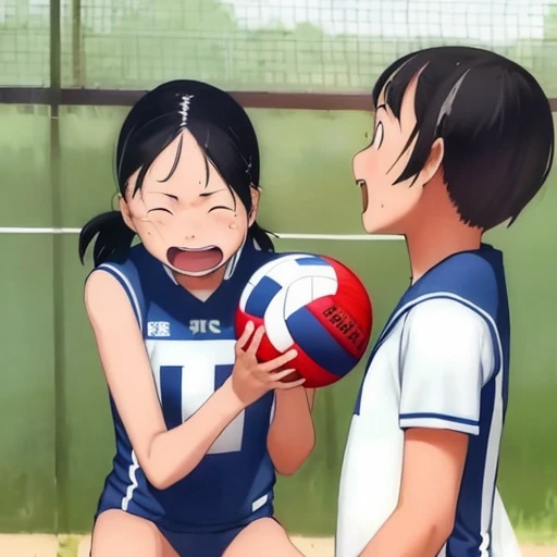 <lora:takamichi-style:1.0>,takamichi style,1girl,volleyball uniform, sweatdrop, looking away, laughing,