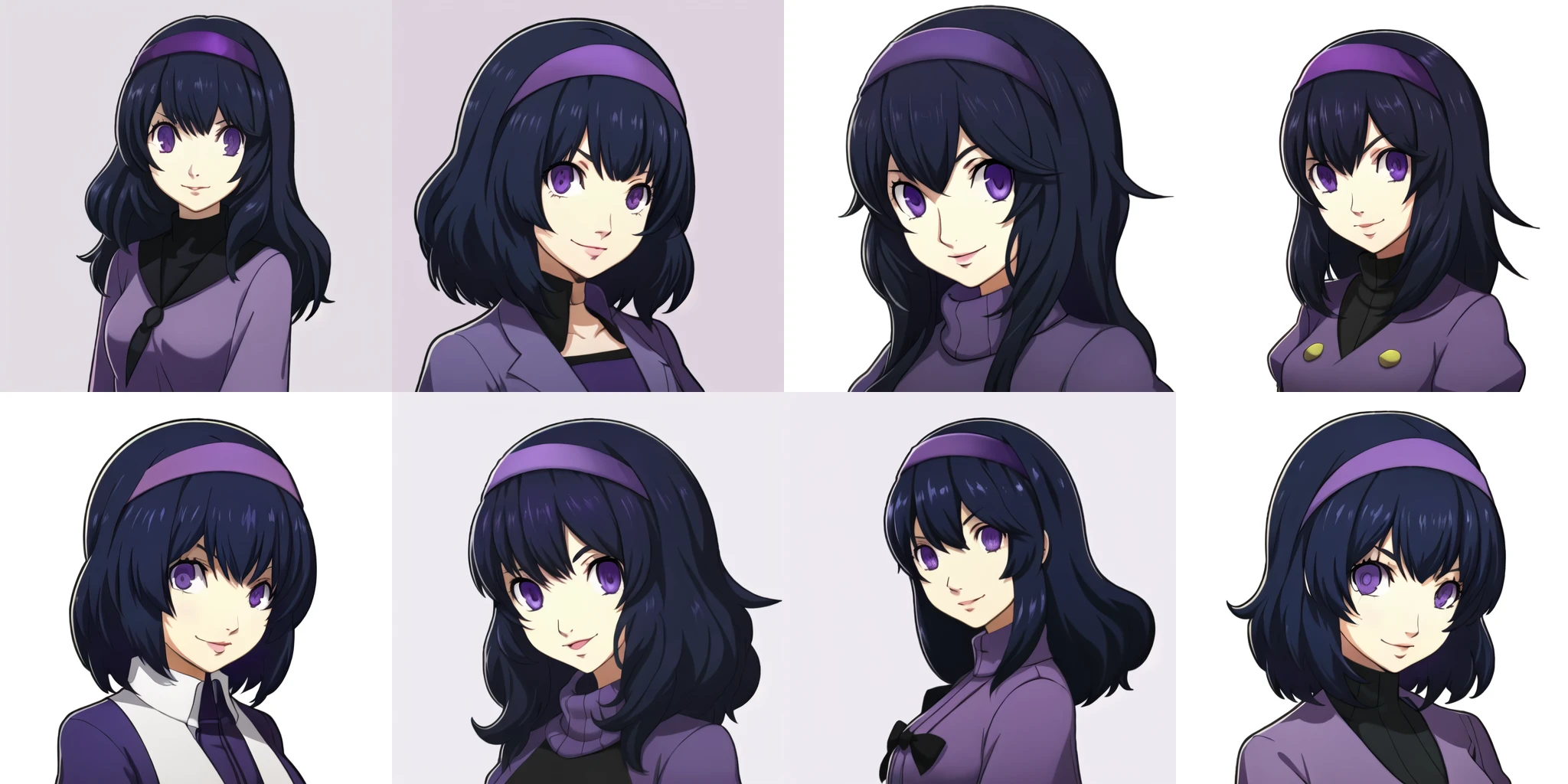 portrait, solo, 1girl, (white background, simple background), hex maniac \(pokemon\), purple hair, purple eyes, headband, purple dress, <lora:HexManiac:0.7>, <lora:p5_Portrait_v1.0:0.7>,