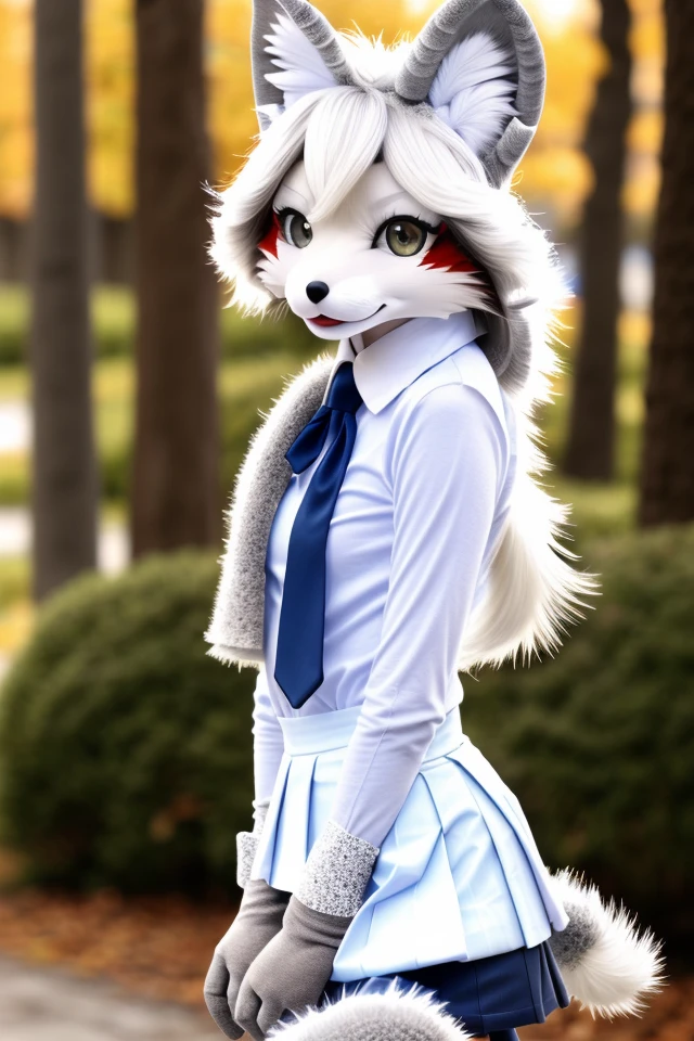 RAW photo, uhd, dslr, high quality, realistic, photo realistic, masterpiece, SFW, modelshoot style,((soft lighting)), (face lighting), lens flare, ((low shadow)), outdoors, city, detailed background, daylight, looking at viewer, from side, upper body, (((furry))), fur, fursuit, 1girl, solo, red eyes, fox ears, slim, small breasts, (((skinny))), thin, fur gloves, fur collar, white fur, wheat fur, silver fur, (((school uniform))), walking,