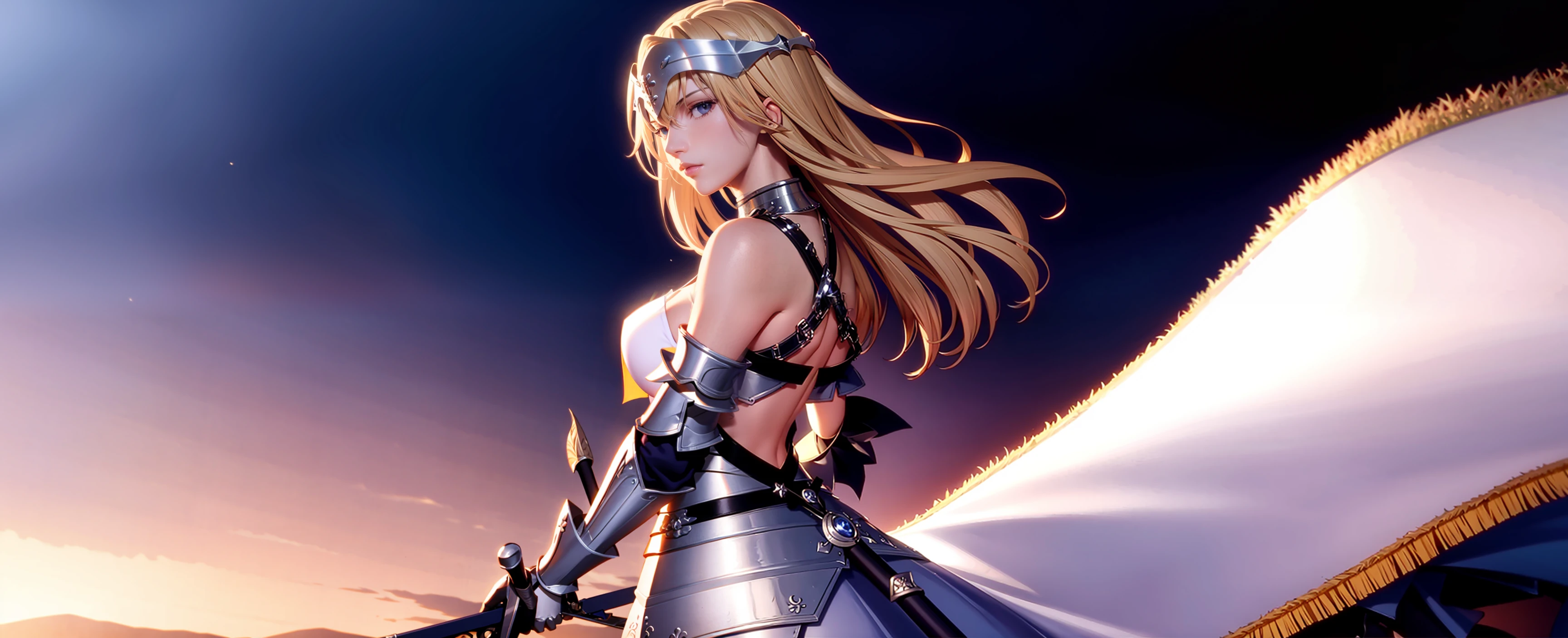 masterpiece, best quality,1girl,,solo, long hair, blonde hair, jeanne d'arc (fate), armor, blue eyes, weapon,back,(bare back:1.2),bare shoulder,chain in back,chain on back, sword, armored dress, gauntlets, headpiece, jeanne d'arc (third ascension) (fate),(kbxll:1)