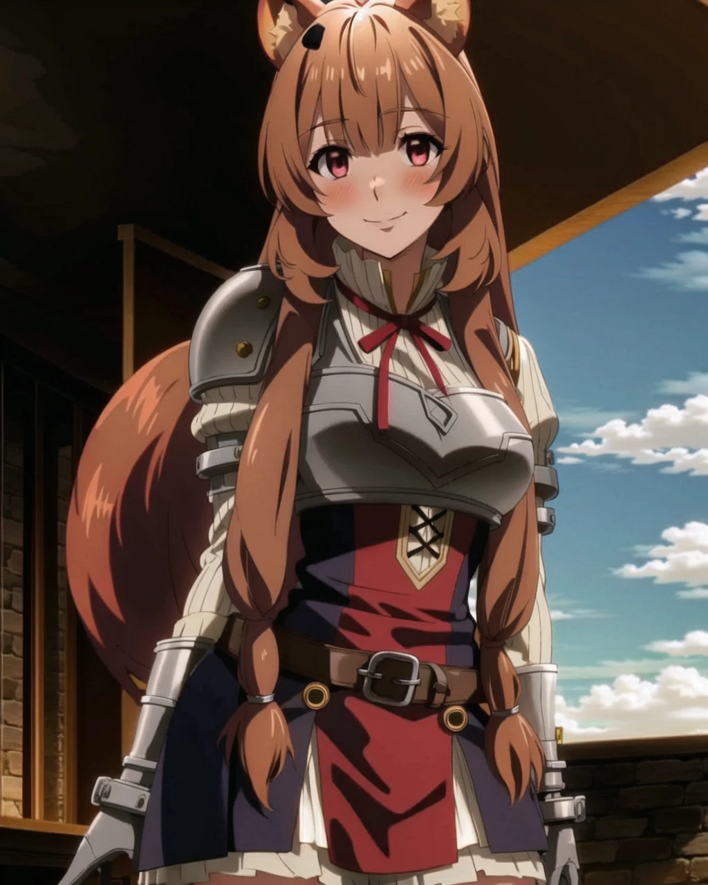 masterpiece, best quality, Raphtalia, 1girl, solo, long hair, breasts, looking at viewer, blush, smile, brown hair, red eyes, thighhighs, long sleeves, dress, holding, animal ears, very long hair, closed mouth, belt, armor, red ribbon, animal ear fluff, neck ribbon, brown gloves, breastplate, raccoon ears, raccoon tail, raccoon girl, <lora:RaphtaliaLora:0.9>,