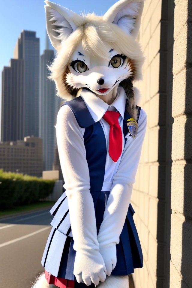 RAW photo, uhd, dslr, high quality, realistic, photo realistic, masterpiece, SFW, modelshoot style,((soft lighting)), (face lighting), lens flare, ((low shadow)), outdoors, city, detailed background, daylight, looking at viewer, from side, upper body, (((furry))), fur, fursuit, 1girl, solo, red eyes, fox ears, slim, small breasts, (((skinny))), thin, fur gloves, fur collar, white fur, yellow fur, red fur, (((school uniform))),