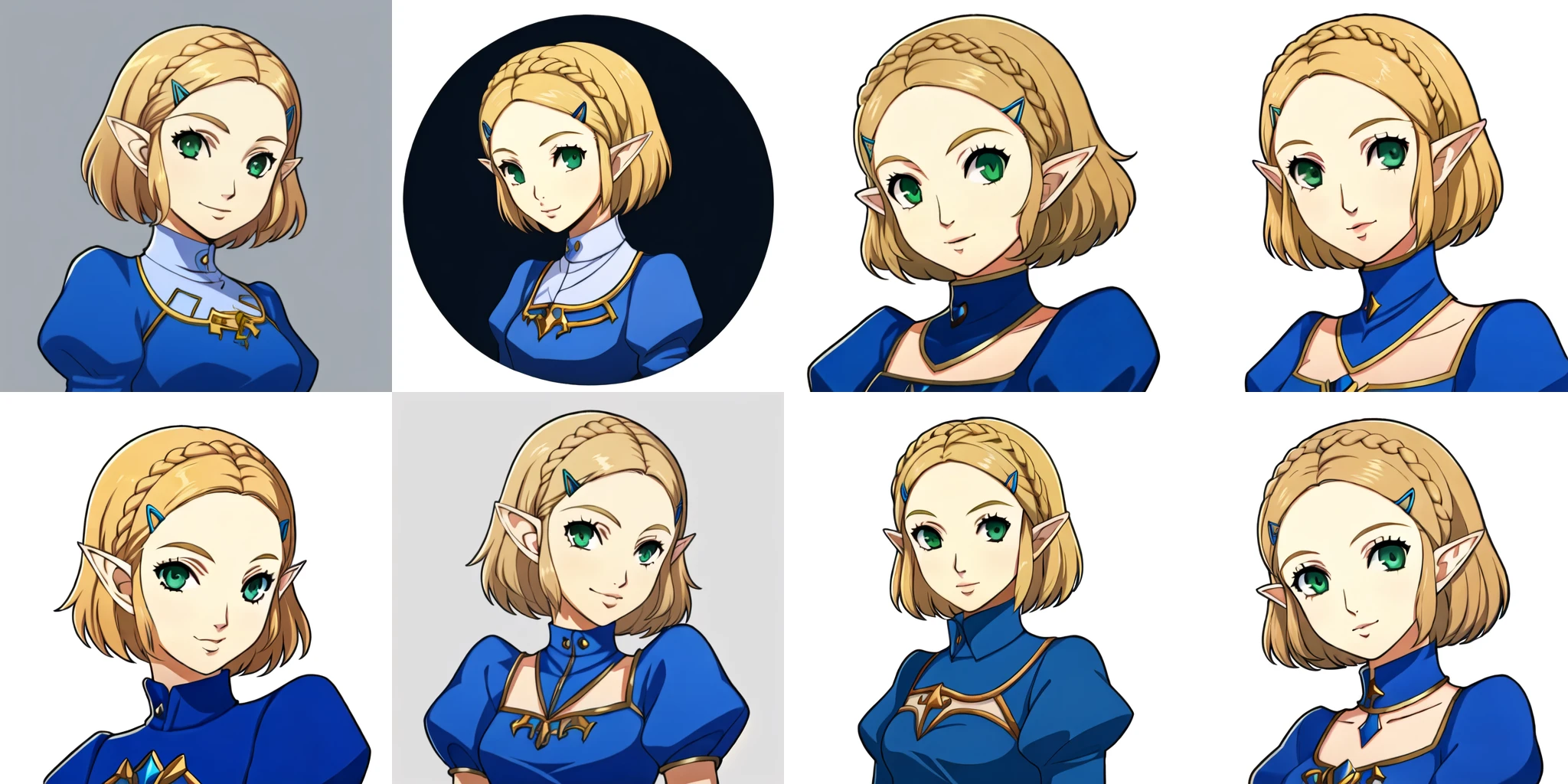 portrait, solo, 1girl, (white background, simple background), princess zelda, blonde hair, blue dress, green eyes, hairclip, pointy ears, short hair, <lora:princessZeldaLora_v1:0.7>, <lora:p5_Portrait_v1.0:0.7>,