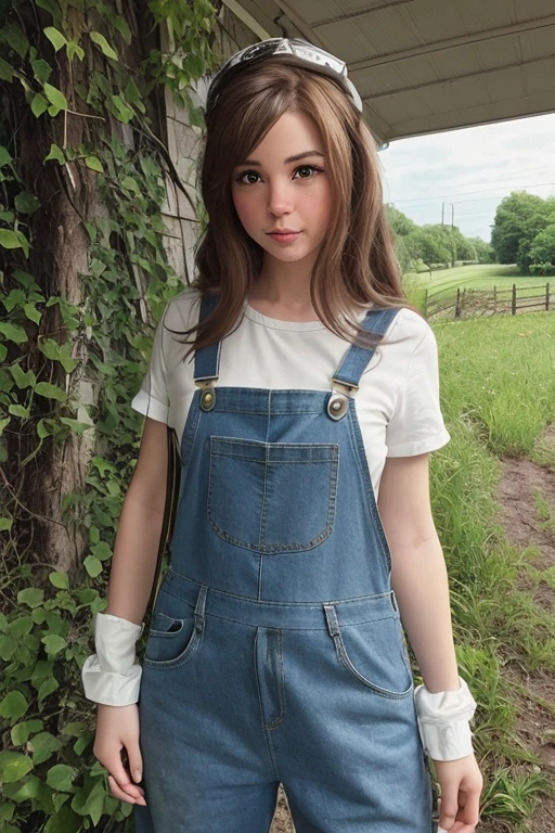 (closeup of face), wearing overalls, long pants, white shirt, beautiful eyes, looking at viewer, closeup portrait face, best quality, upper body, BelleDelphine, woman standing outside, on (a farm), nikon d850 film stock photograph 4 kodak 400 camera f1.6 lens rich colors hyper realistic lifelike texture natural lighting trending on artstation cinestill 800, (100mm lens), <lora:BelleDelphineV1:1>, brown hair, mature face,