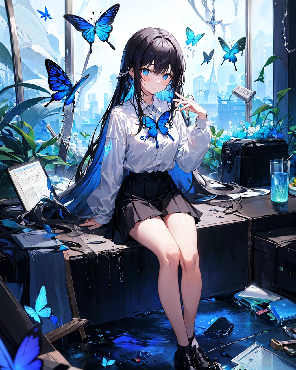<lora:lightAndShadow_v10:0.4>,1girl, broken glass,(broken screen),atlantis,transparent glass,black_hair, solo, long_hair, skirt, blue_eyes, sitting, very_long_hair, butterfly, looking_at_viewer, black_skirt, blue_butterfly, white_shirt, long_sleeves