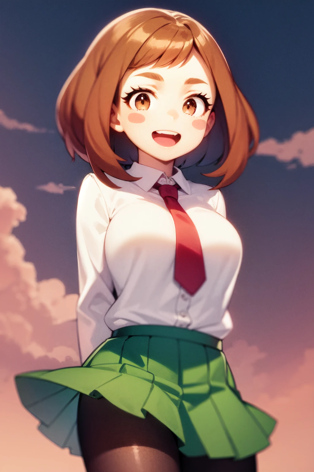 Ochako, 1girl, solo, skirt, necktie, school uniform, open mouth, shirt, pantyhose, red necktie, smile, u.a. school uniform, pleated skirt, looking at viewer, white shirt, blush stickers, arms behind back, :d, collared shirt, teeth, breasts, white background, green skirt, wind<lora:Ochakodim8-000035:1>,