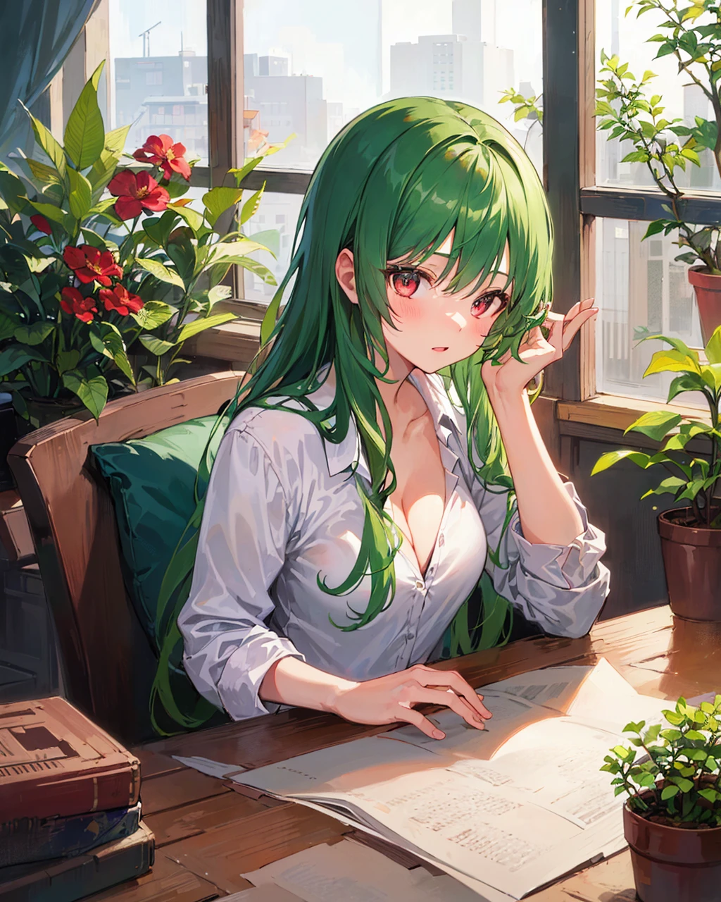 1girl, window, long_hair, solo, flower, indoors, plant, shirt, green_hair, breasts, potted_plant, red_flower, very_long_hair, medium_breasts, leaf, cleavage, white_shirt