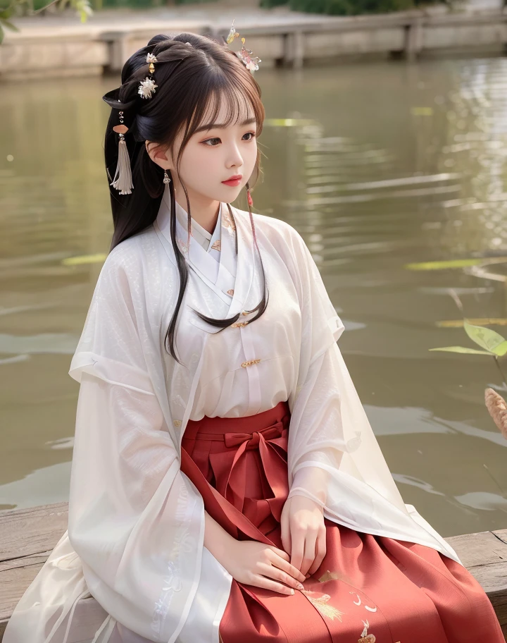 Wet body v- hanfu silk thin cloth. Master quality, highest quality, best picture quality, exaggerated details, a princess cute 8  asian  with a shy expression, slightly squinted eyes, adjusting her hair, long eyelashes (long hair / very, very exaggerated big breasts, big  / in hanfu pentticoat thin qipao dress, short skirt), posing  in front of the camera, wet throught breast Petticoat