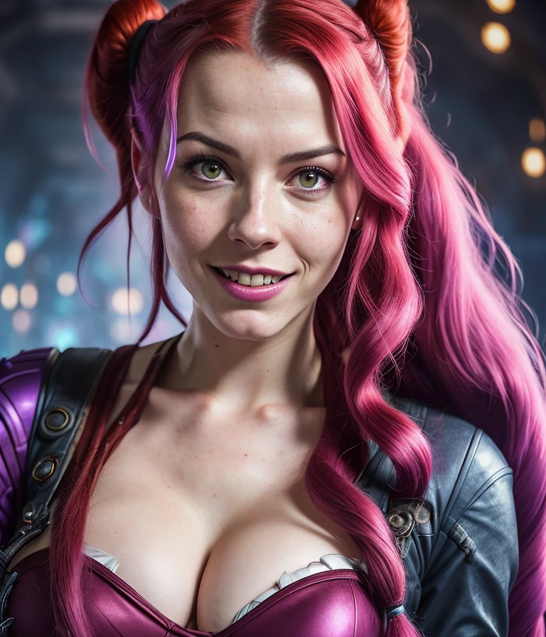 fkfce, solo mid shot portrait photo of [Olga Sybil|Danneel Harris] as [Hermione Granger|Dove Cameron] as a real life version of (Jinx from League of Legends:1.28)
open office fantasy background, charming smirking
by Rebeca Saray and Flora Borsi ultra realistic highly detailed intricate photorealistic analog style photograph sharp focus on eyes, cinematic lighting