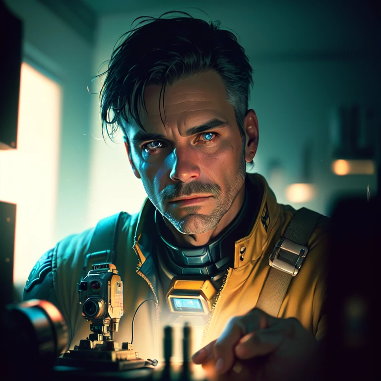 (best quality, masterpiece:1.2), 8k detailed cgi render, thick outlines, strong shadows, <lora:add_detail:0.75>,
(1man, muscular adult male:1.2), light blue eyes, brown hair, textured fringe,
portrait, solo, upper body, looking at viewer, detailed background, detailed face, (<lora:CyberPunkAI:0.6>, CyberpunkAI theme:1.1), battlefield-medic, focused, gray military medic uniform, vest, gloves, belt, green cross, military insignia, medical supplies, toruniquet, morphine, triage, dirt smudges, war torn battlefield-hospital tent in background, danger, intense action, flares, emergency, epic atmosphere,