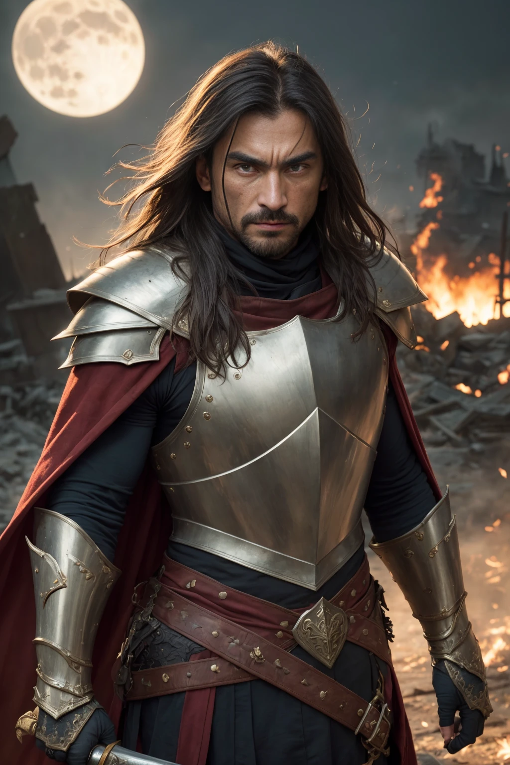 photo portrait of a hard warrior, armor, cape, gauntlets, greaves, long hair, shoulder armor, sky, solo, elegant sword, ultra detailed face, dynamic pose, ruined burning city, cracked moon, insanely detailed, highest quality, skin texture, intricate details, (cinematic lighting), RAW photo, 8k uhd, dslr, hdr, gloomy, dark night, depth of field, rim lighting, two tone lighting, dimly lit, low key