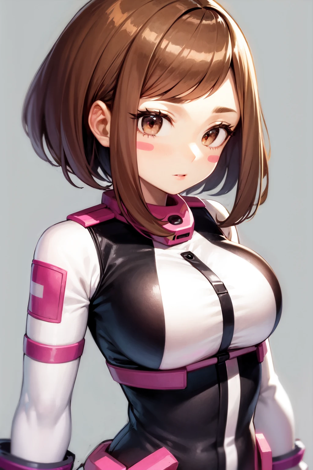 Ochako, 1girl, solo, blush stickers, white background, simple background, bodysuit, sidelocks, upper body<lora:Ochakodim8:1>,