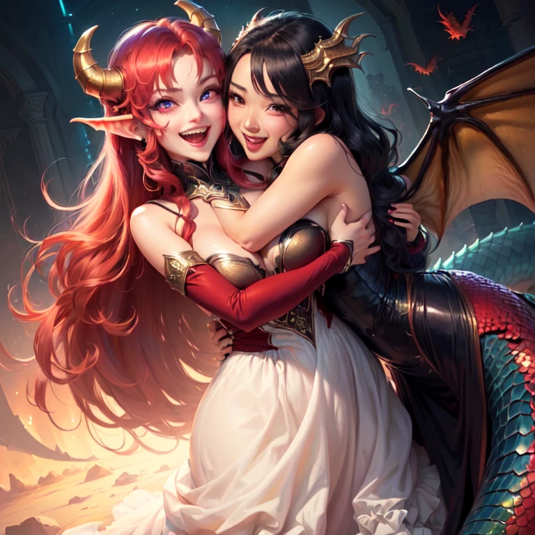 red (antopomorf dragongirl), scale, (clear eyes), long dress, flat breasts, evil smile, open mouth teeth, hug