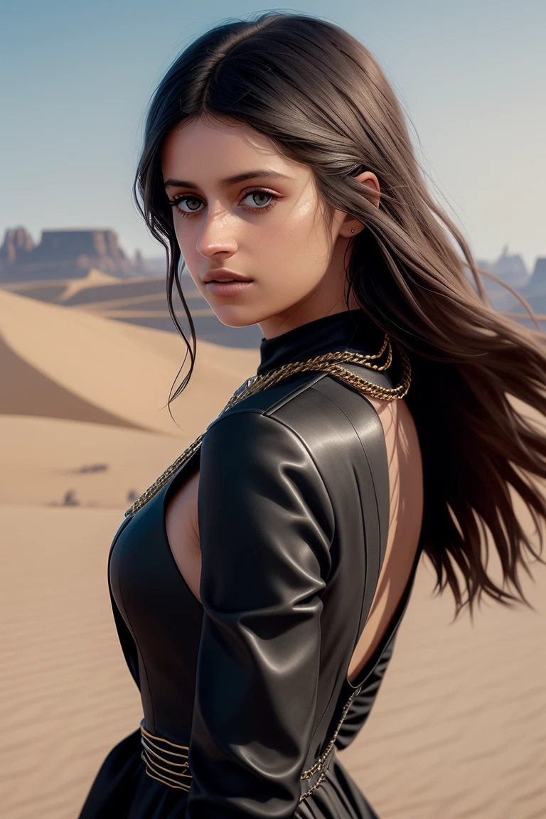 photo of extremely sexy (achal0tra-140:0.99), a woman as a wizard, (wearing a black dress with turtleneck:1.3), modelshoot style, (extremely detailed CG unity 8k wallpaper), photo of the most beautiful artwork in the world, professional majestic oil painting by Ed Blinkey, Atey Ghailan, Studio Ghibli, by Jeremy Mann, Greg Manchess, Antonio Moro, trending on ArtStation, trending on CGSociety, Intricate, High Detail, Sharp focus, dramatic, photorealistic painting art by midjourney and greg rutkowski, (waist chain), (walking on the desert sand:1.2), (magic sparks:1.2), (looking at viewer), (detailed pupils:1.2), (lacery:1.1), ((closeup portrait:1.2))