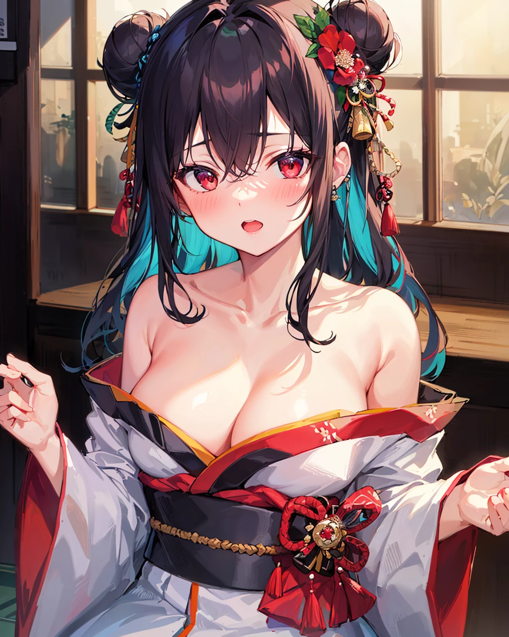 masterpiece,1girl, breasts, japanese_clothes, kimono, double_bun, red_eyes, sarashi, solo, hair_ornament, hair_bun, off_shoulder, side_bun, cleavage, bare_shoulders, white_kimono, collarbone, looking_at_viewer, sash, multicolored_hair, wide_sleeves, blush, obi, open_mouth,