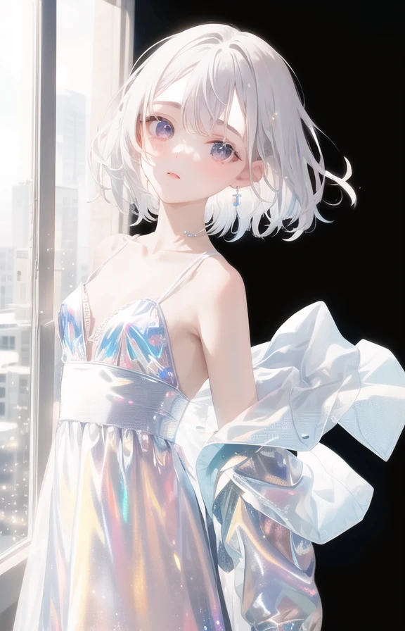 (((masterpiece))), (((best quality))), ((ultradetailed)),1girl,solo,short white hair,white transparent holographic clothing,black background,  light particles,  night,black night<lora:holov7:0.8> <lora:LoconLoraOffsetNoise_locon0501:1.5>